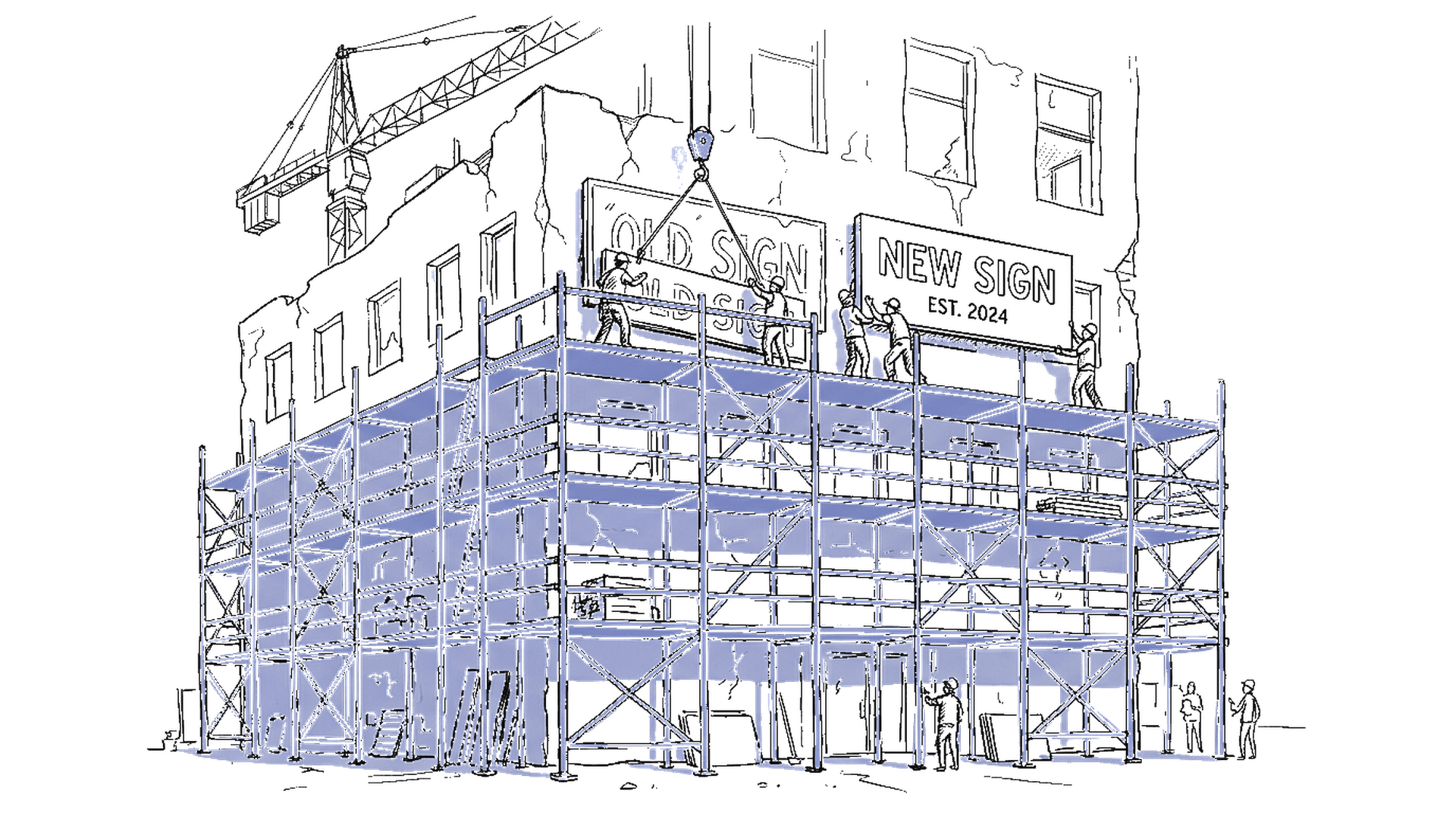 Illustration eines Baugerüsts an einem Gebäude, kinewsletter.ch Stil