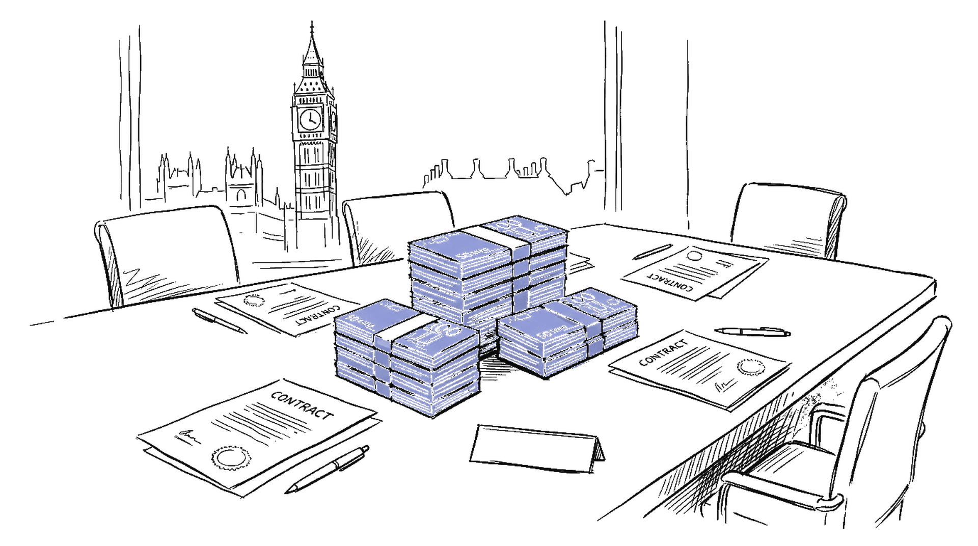 Illustration eines europäischen Funding-Tisches mit drei Geldbündeln in unterschiedlichen Grössen, kinewsletter.ch Stil