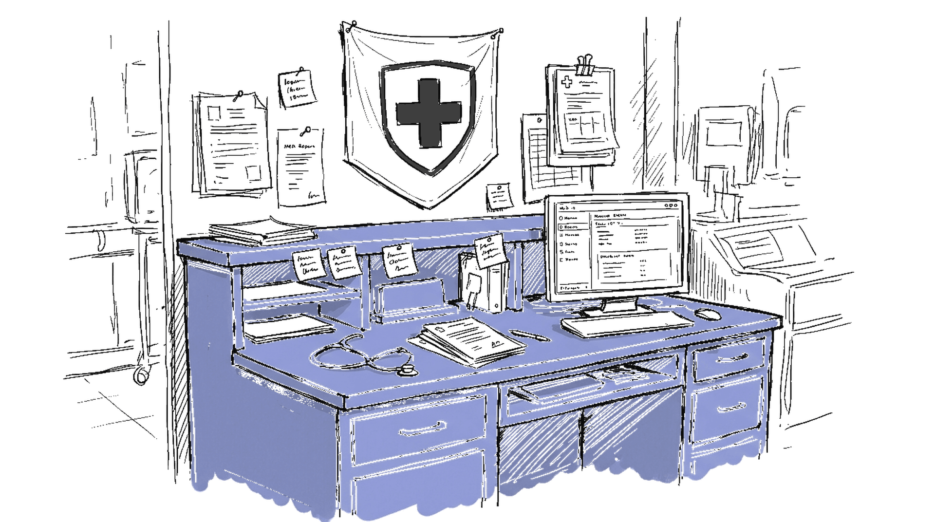 Illustration einer Notaufnahme-Konsole mit Schweizer Kreuz-Logo und einem freundlichen LLM-Symbol auf dem Bildschirm, kinewsletter.ch Stil