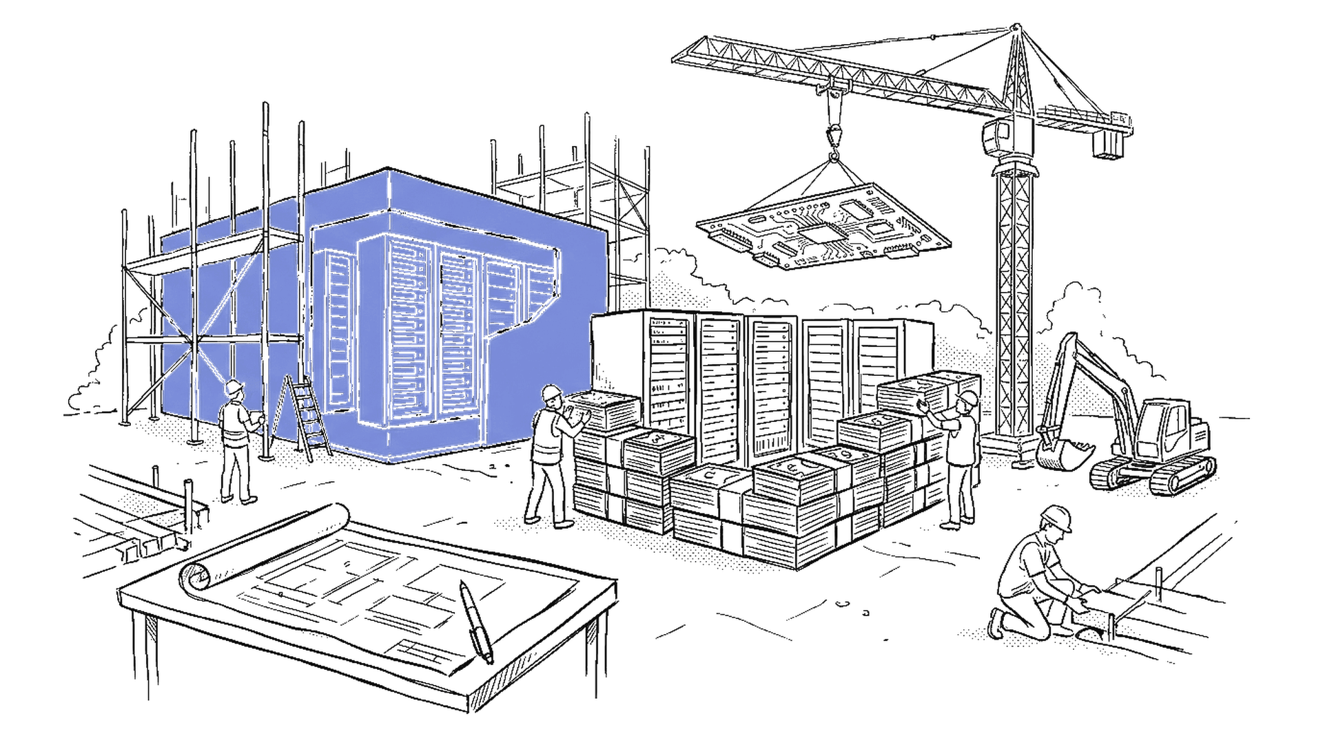 Illustration eines NVIDIA-Datacenters mit Baugerüsten und Geldscheinen, kinewsletter.ch Stil