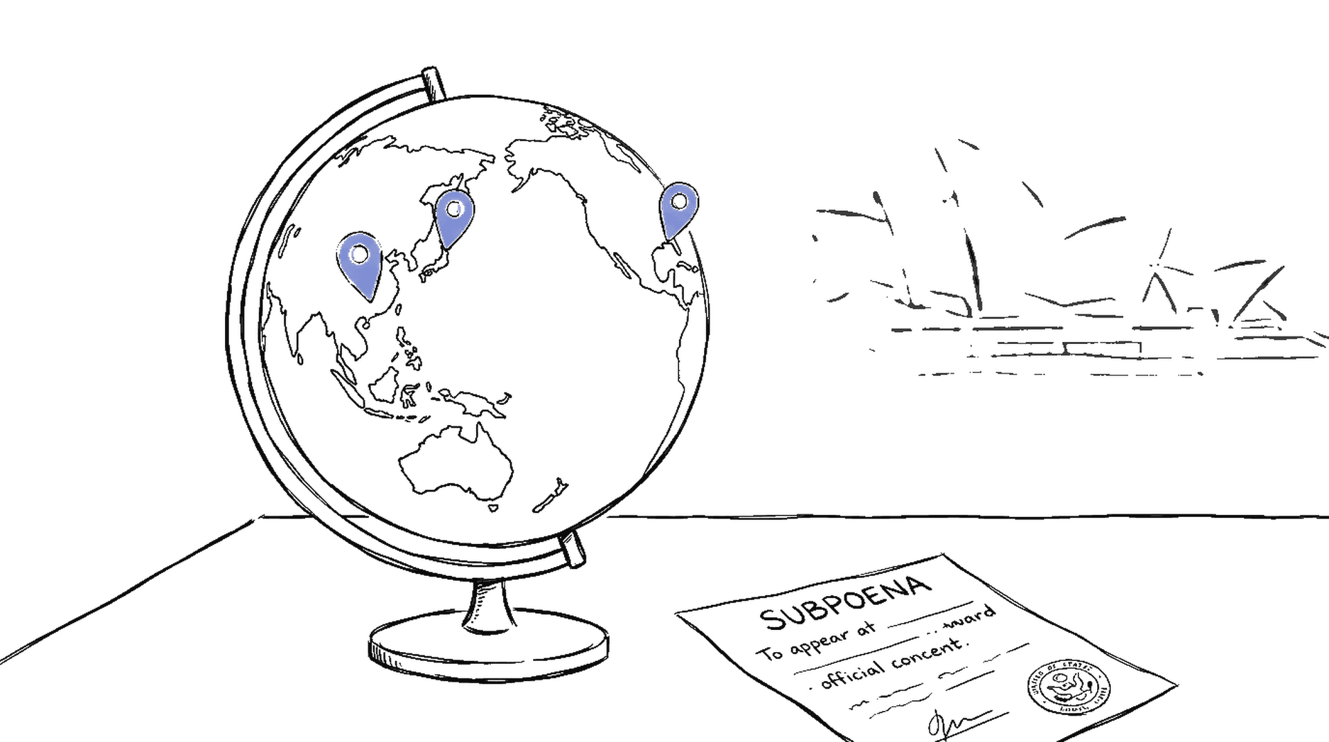 Illustration einer Weltkugel mit drei Markierungen für Sydney und Florida, kinewsletter.ch Stil
