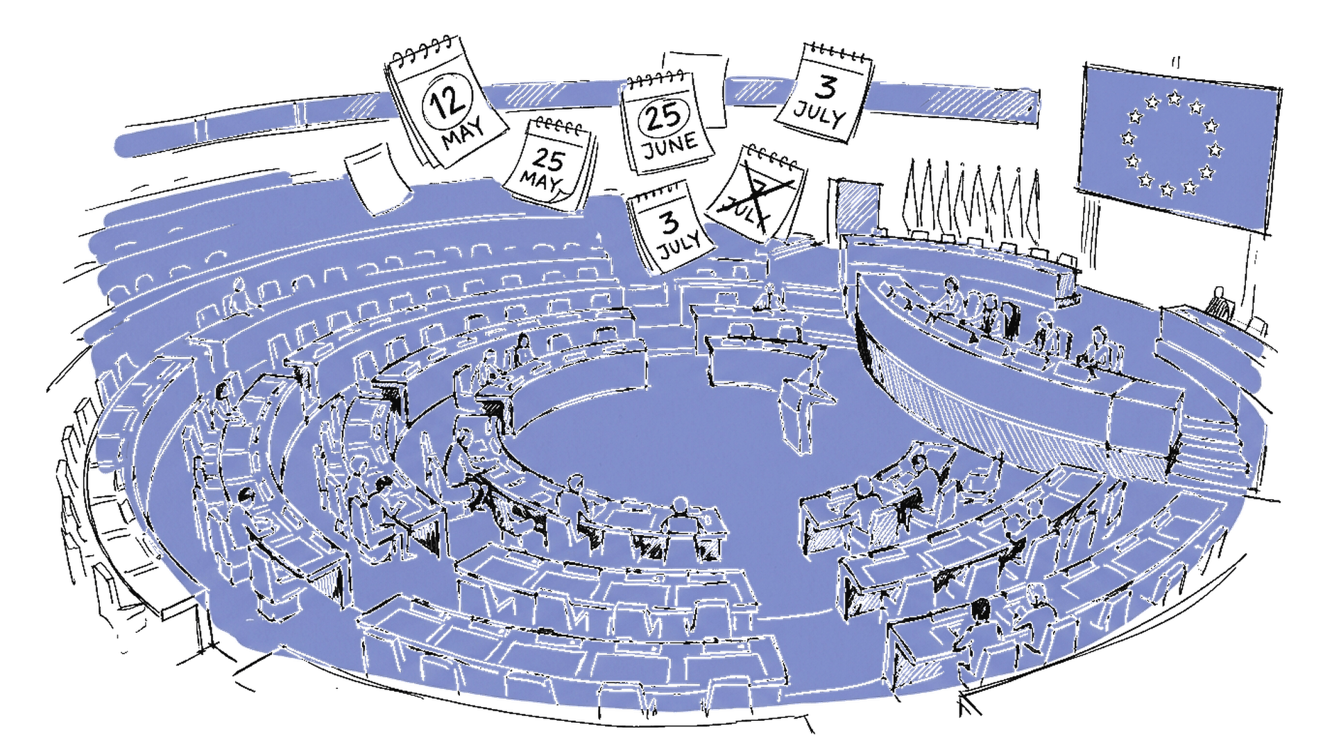 Illustration des Strassburger EU-Parlamentsgebäudes mit Verhandlungstischen, kinewsletter.ch Stil