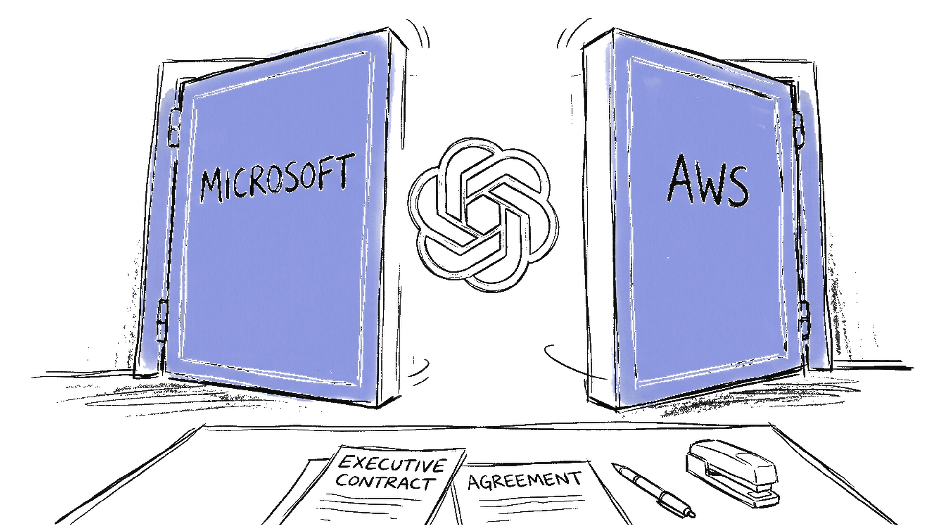 Illustration zweier sich öffnender Türen mit Microsoft- und AWS-Symbolen, OpenAI-Logo dazwischen, kinewsletter.ch Stil
