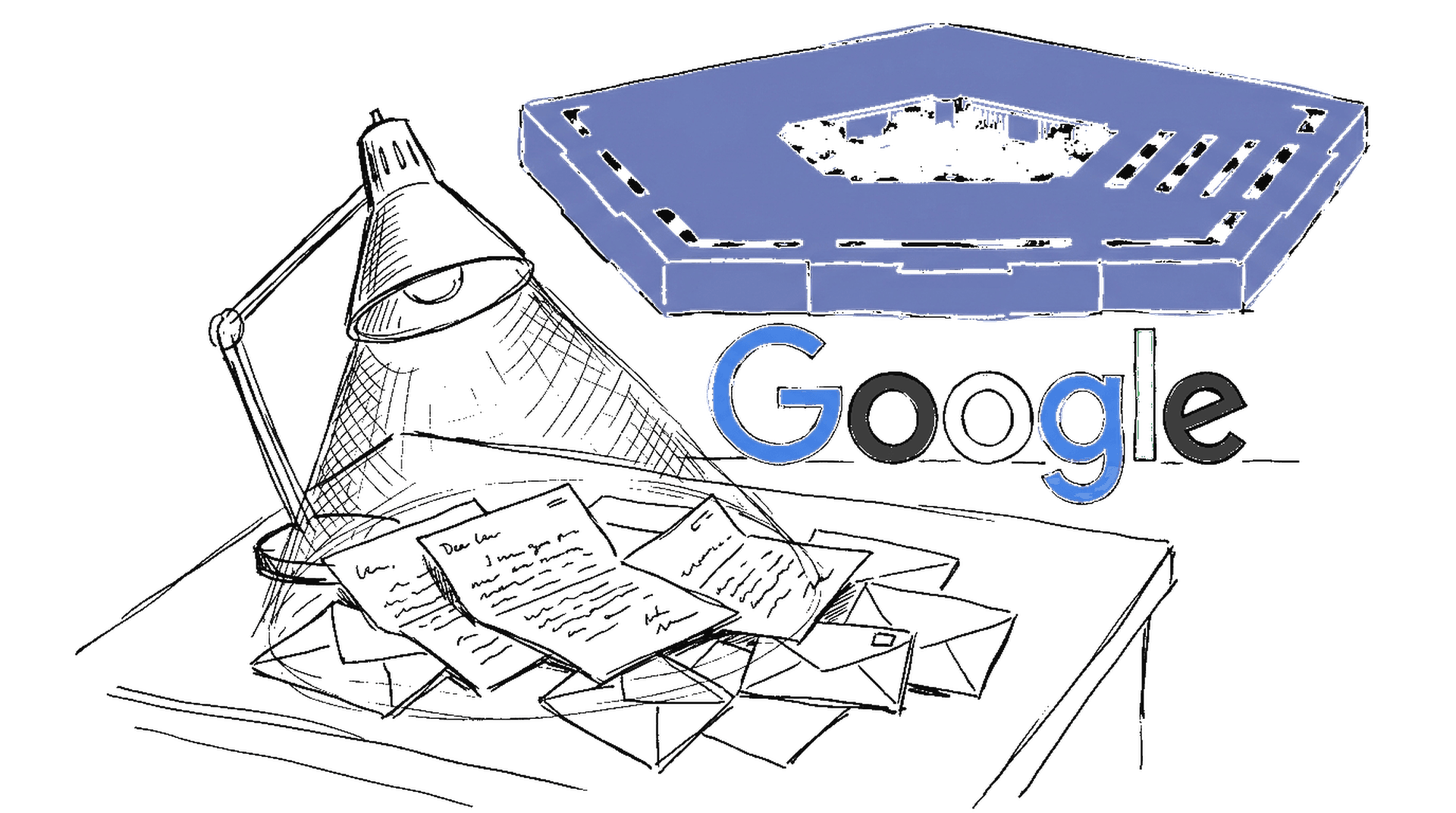Illustration eines Pentagon-Symbols mit Google-Logo davor und einem Stapel offener Briefe im Vordergrund, kinewsletter.ch Stil