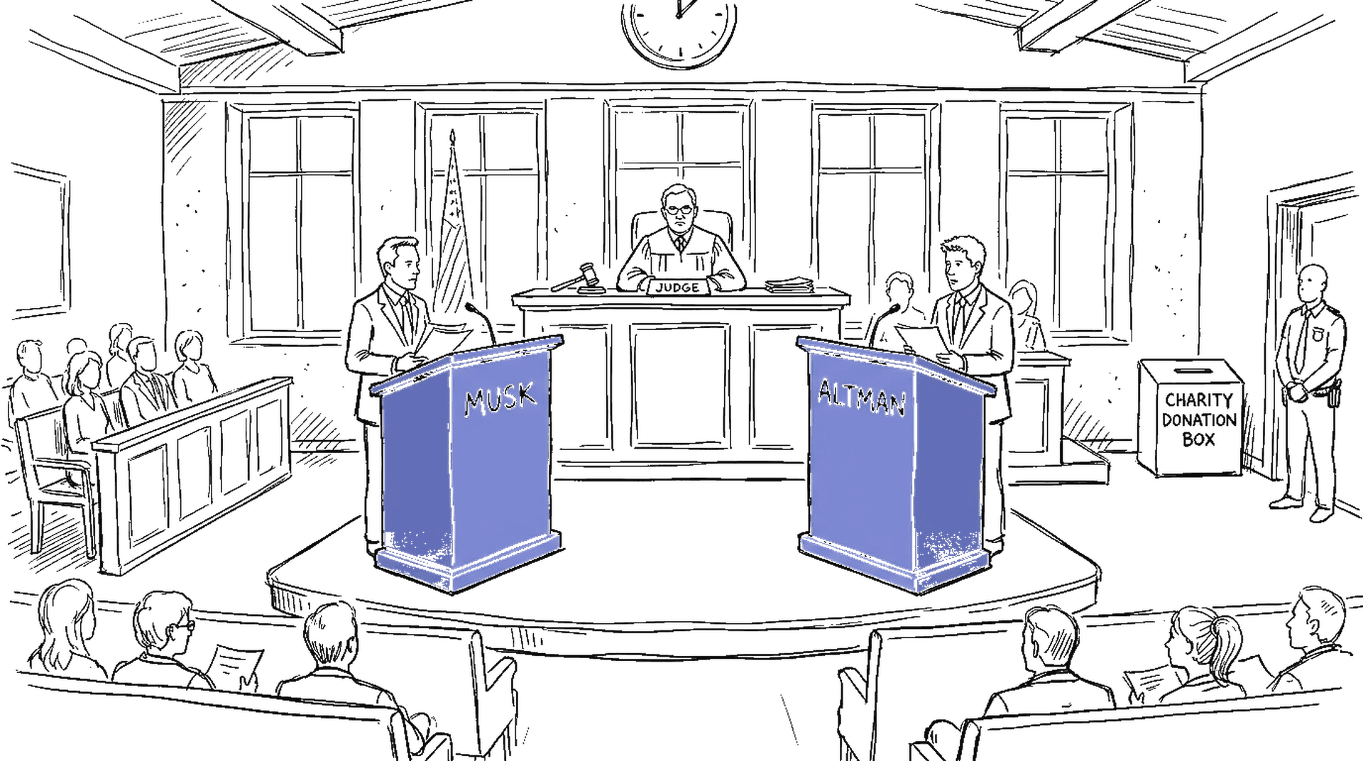 Illustration eines Gerichtssaals mit Musk- und Altman-Anwaltspulten gegenüber, Charity-Symbol über dem Richtertisch, kinewsletter.ch Stil