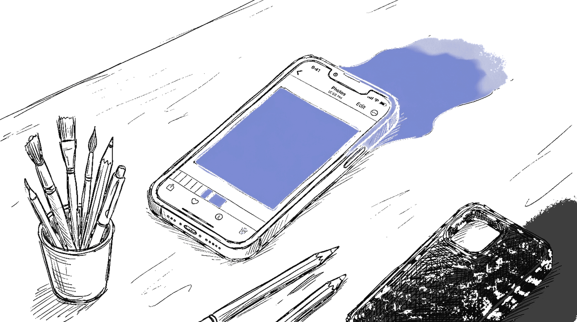 Illustration eines iPhones mit Photos-App, die ein Bild nach links und rechts erweitert, kinewsletter.ch Stil