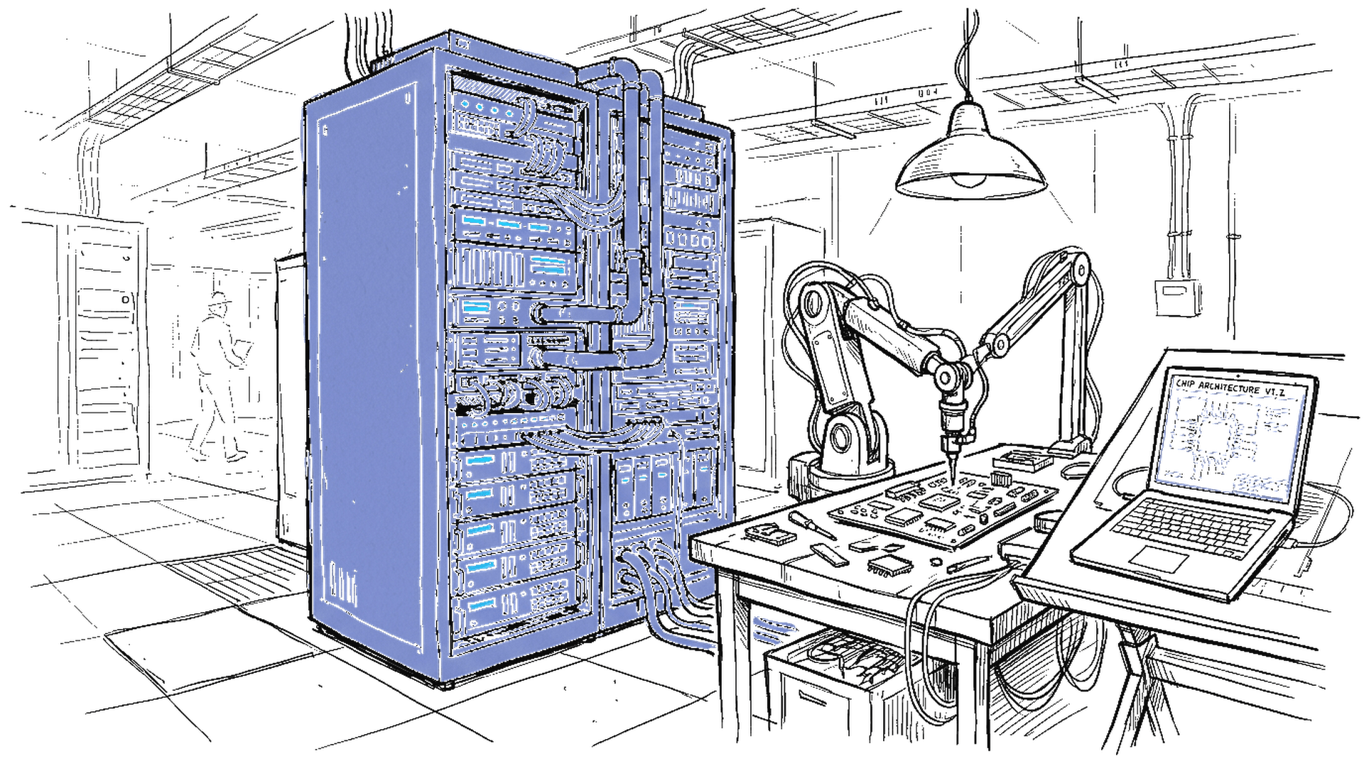 Illustration eines Server-Racks mit Roboterarm und Laptop-Blueprint, kinewsletter.ch Stil