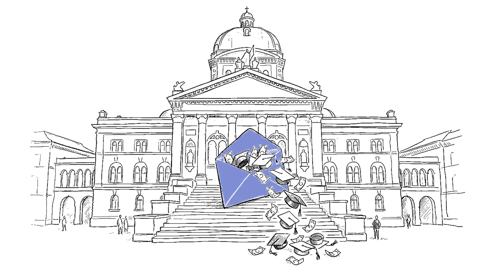 Illustration eines Schweizer Bundeshauses mit einem Briefumschlag, aus dem akademische Hüte und Geldscheine fallen, kinewsletter.ch Stil