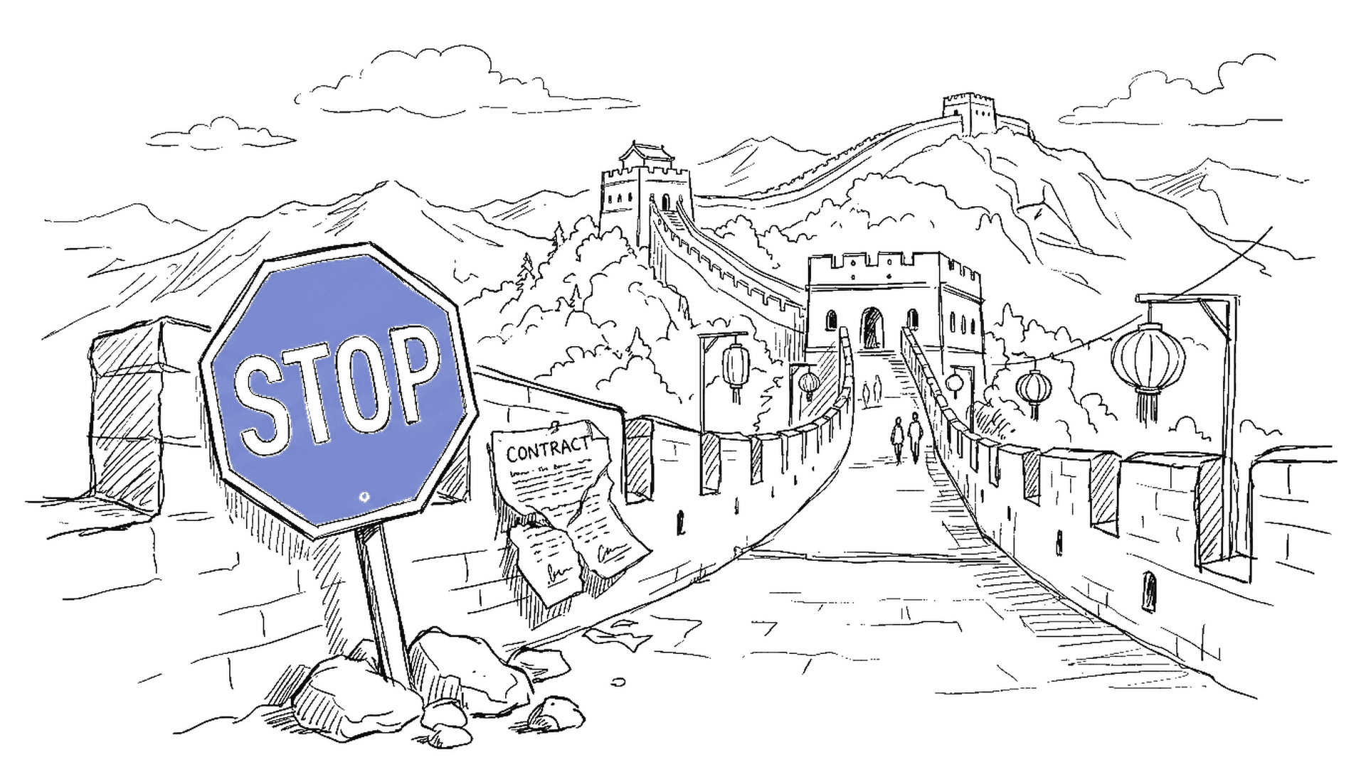 Illustration einer chinesischen Mauer mit einem Stoppschild davor und einem unfertigen Vertragsstapel, kinewsletter.ch Stil
