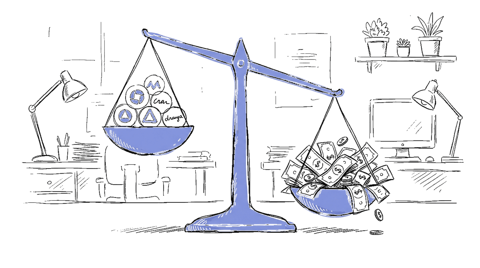 Illustration einer Waage mit Anthropic-Logo schwerer als OpenAI-Logo, Geldscheine fliessen auf die Anthropic-Seite, kinewsletter.ch Stil