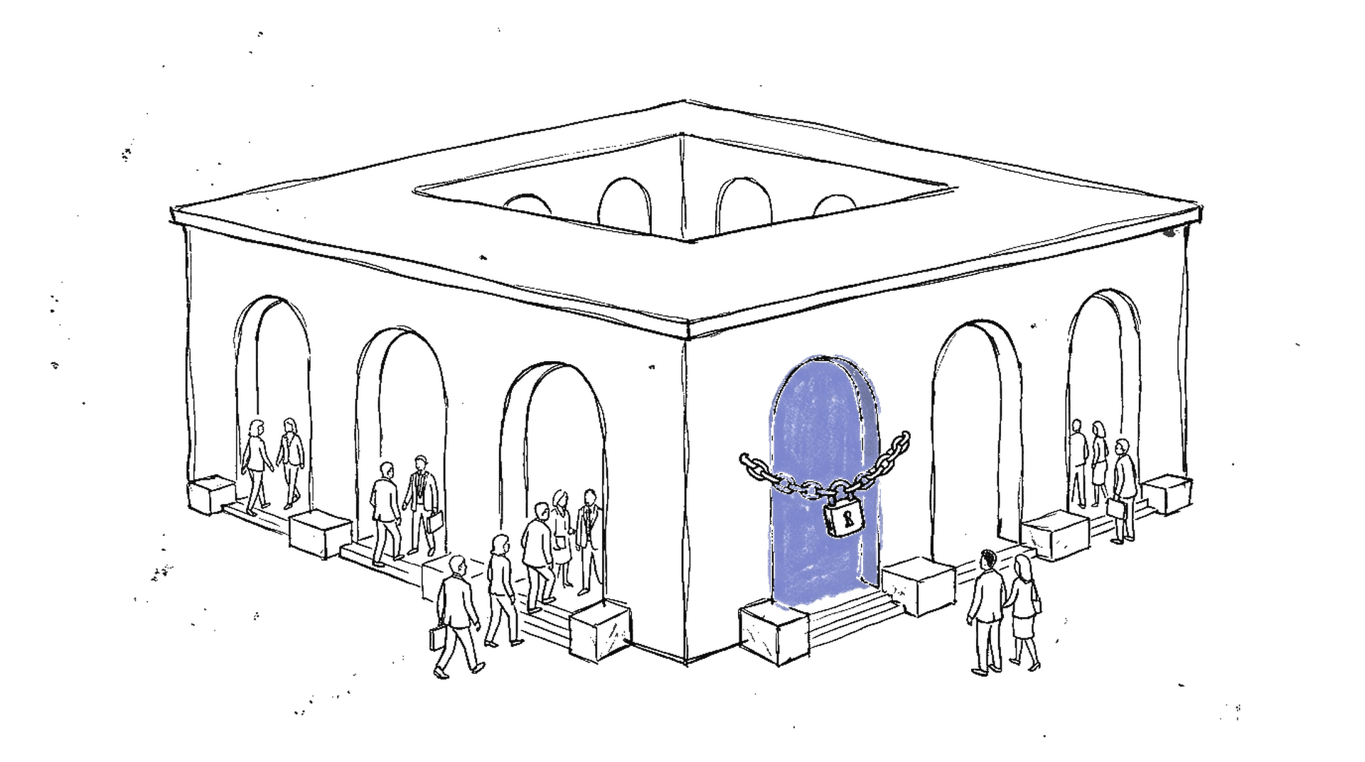 Illustration eines Pentagon-Symbols mit sieben Firmen-Logos eingefügt, ein achtes Logo (Anthropic) wird ferngehalten, kinewsletter.ch Stil