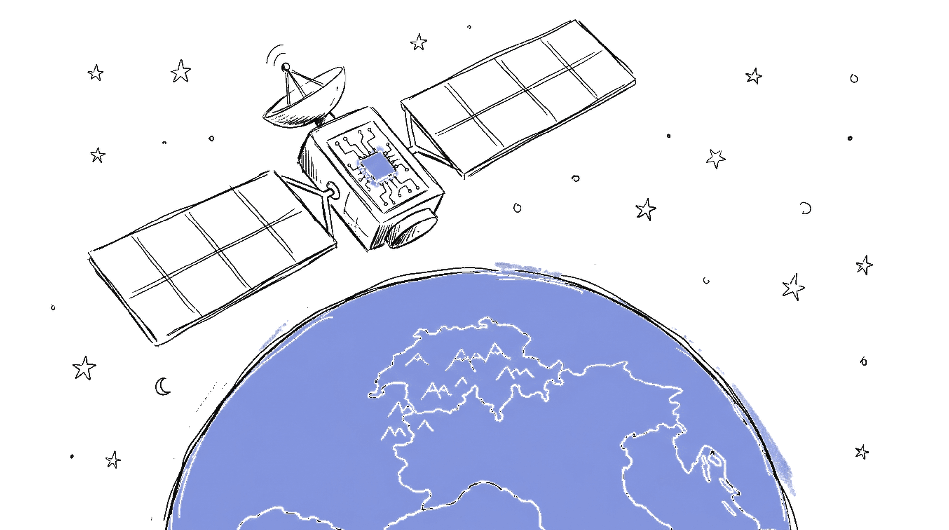Illustration eines Satelliten im Orbit mit der Schweiz darunter, KI-Schaltkreise und ein generierter Text auf dem Display, kinewsletter.ch Stil