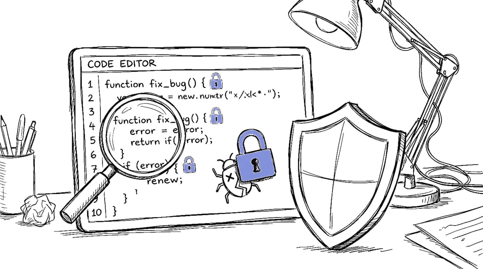 Illustration einer Code-Datei mit Schweizer Kreuz-Schloss und Magnifier, der Schwachstellen markiert, kinewsletter.ch Stil