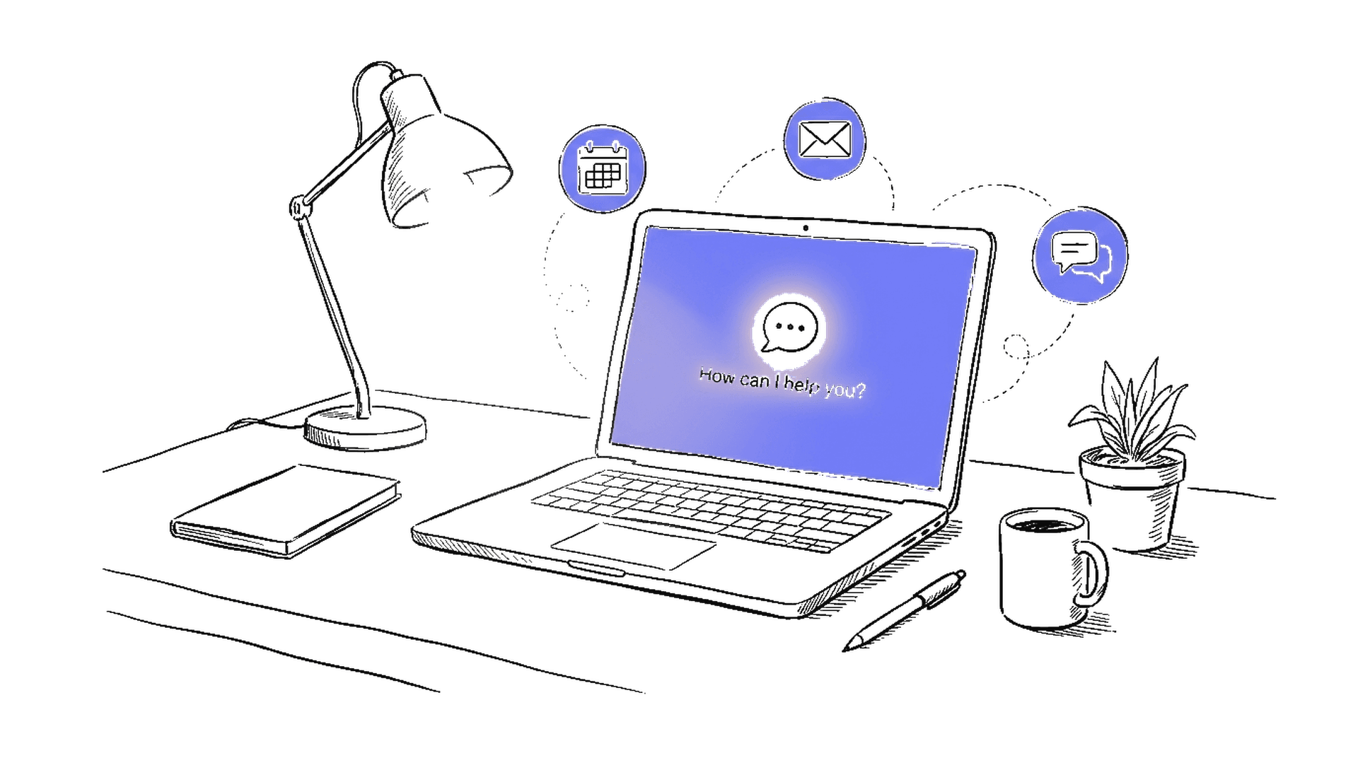 Illustration eines Desktop-Bildschirms mit AWS-Assistent-Icon, der Daten aus E-Mail, Kalender und Slack saugt, kinewsletter.ch Stil