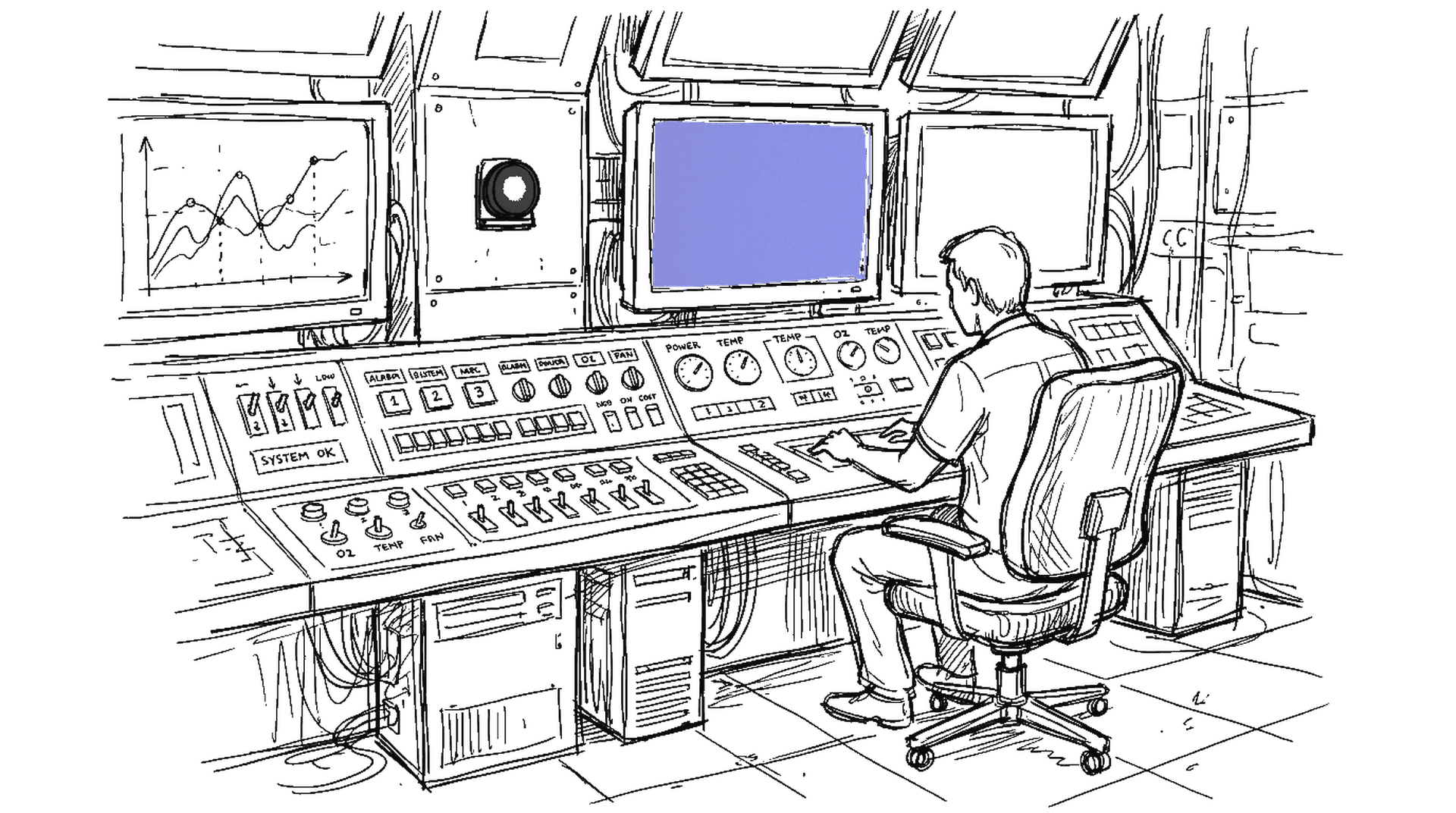 Illustration einer Schaltzentrale mit Monitor, kinewsletter.ch Stil