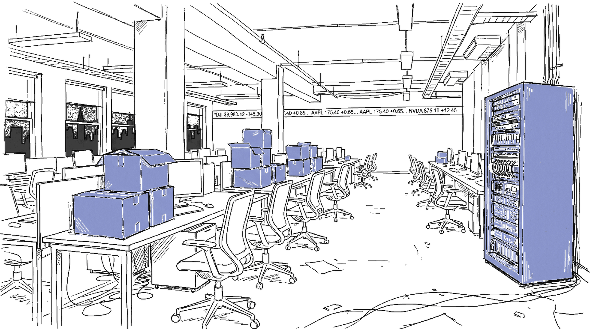 Illustration leeres Büro mit Kartonschachteln und Server-Rack, kinewsletter.ch Stil