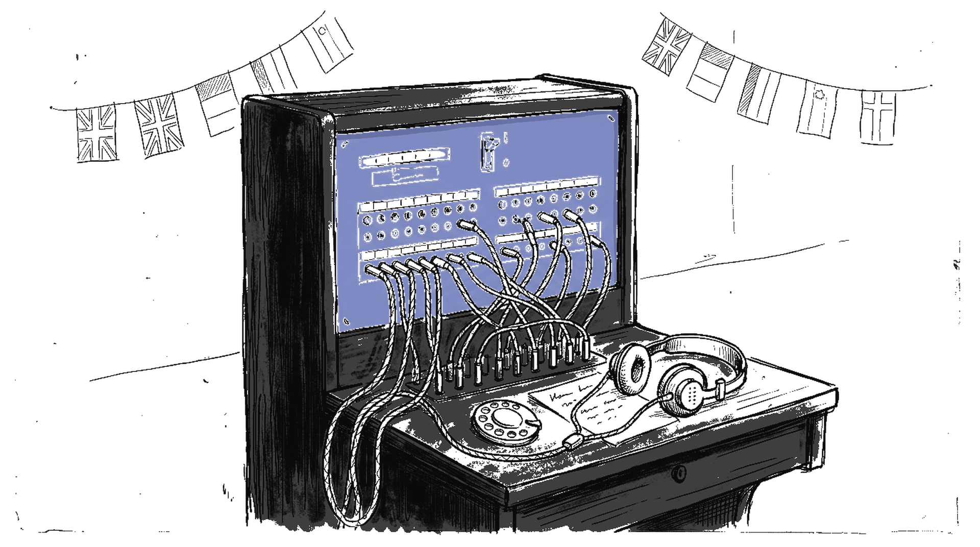 Vintage Telefonzentrale mit Sprachenflaggen, kinewsletter.ch Stil