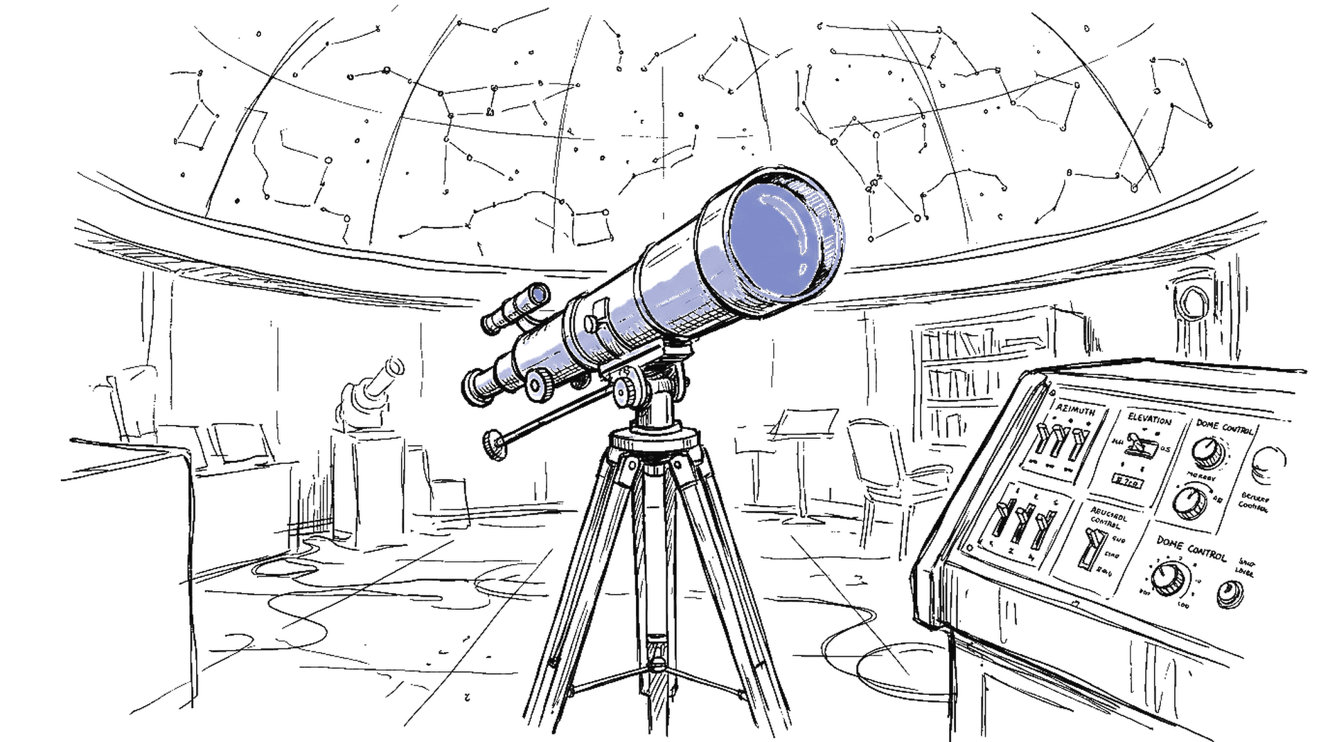 Planetarium mit Teleskop und Sternenkarte, kinewsletter.ch Stil