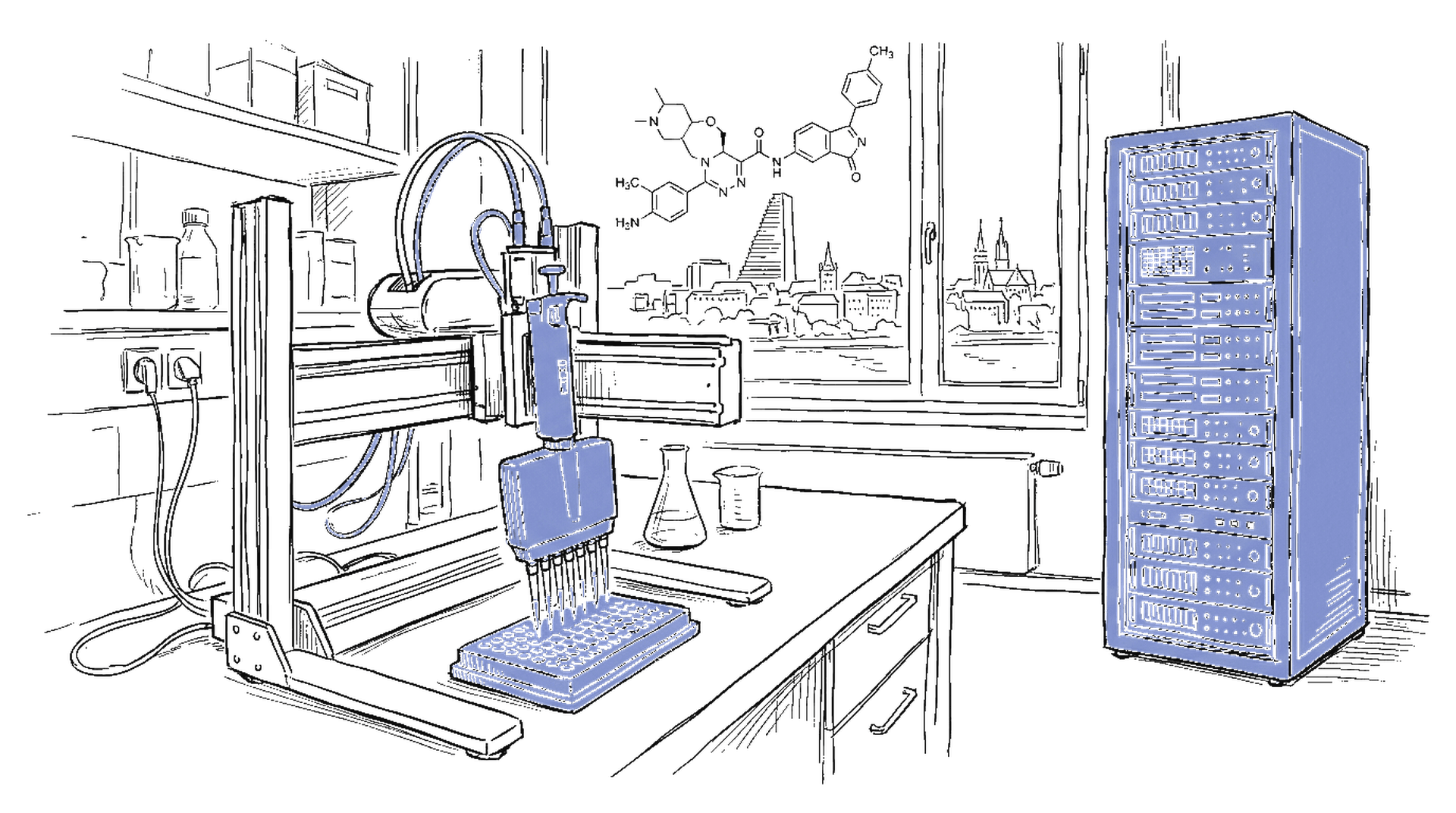 Illustration eines Pharma-Labors mit Roboter-Pipette und GPU-Server-Rack im kinewsletter.ch Skizzen-Stil