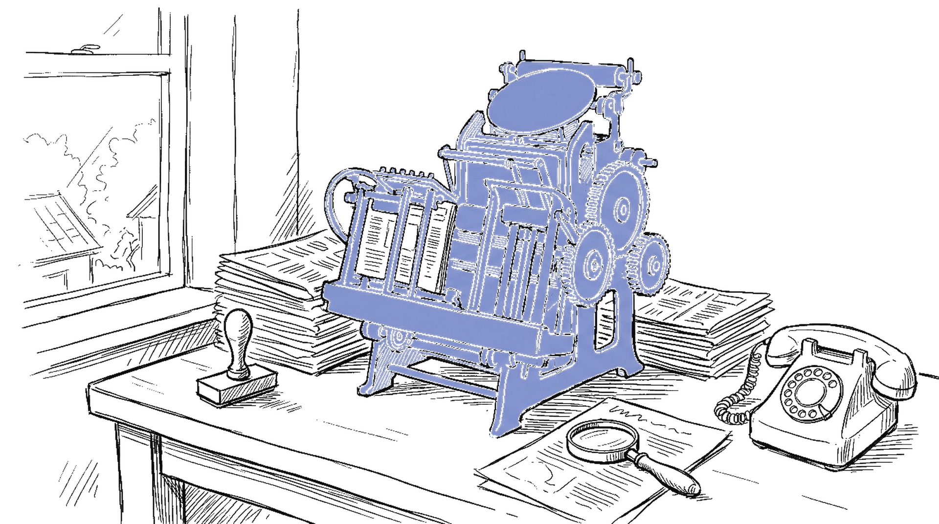 Illustration einer alten Druckpresse mit Tuschestempel und Telefon im kinewsletter.ch-Stil – Symbol fuer den Schweizer KI-Kodex der Medienbranche