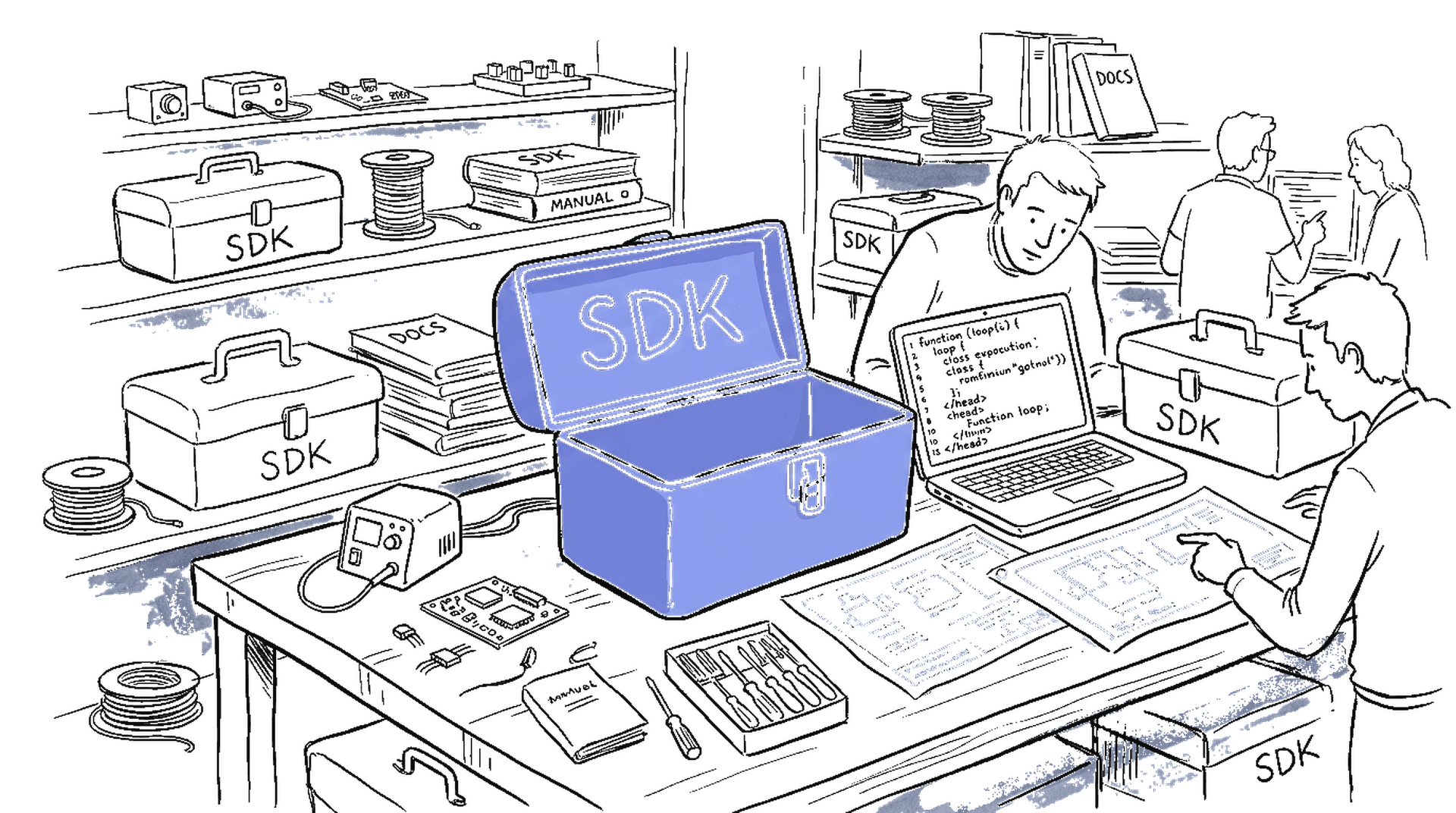 Illustration zu Anthropic kauft Stainless: Werkzeugkisten und Laptop, kinewsletter.ch Stil
