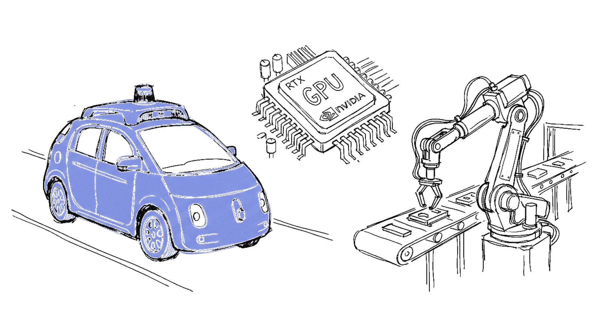 Illustration eines autonomen Fahrzeugs neben GPU-Chips und Roboterarm im kinewsletter.ch Skizzen-Stil