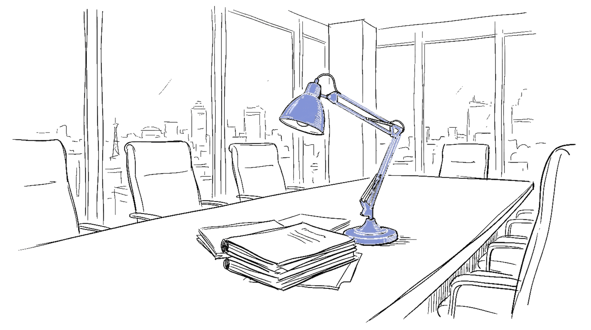 Sitzungszimmer mit Konferenztisch, Aktenstapeln und Messinglampe – kinewsletter.ch Illustration