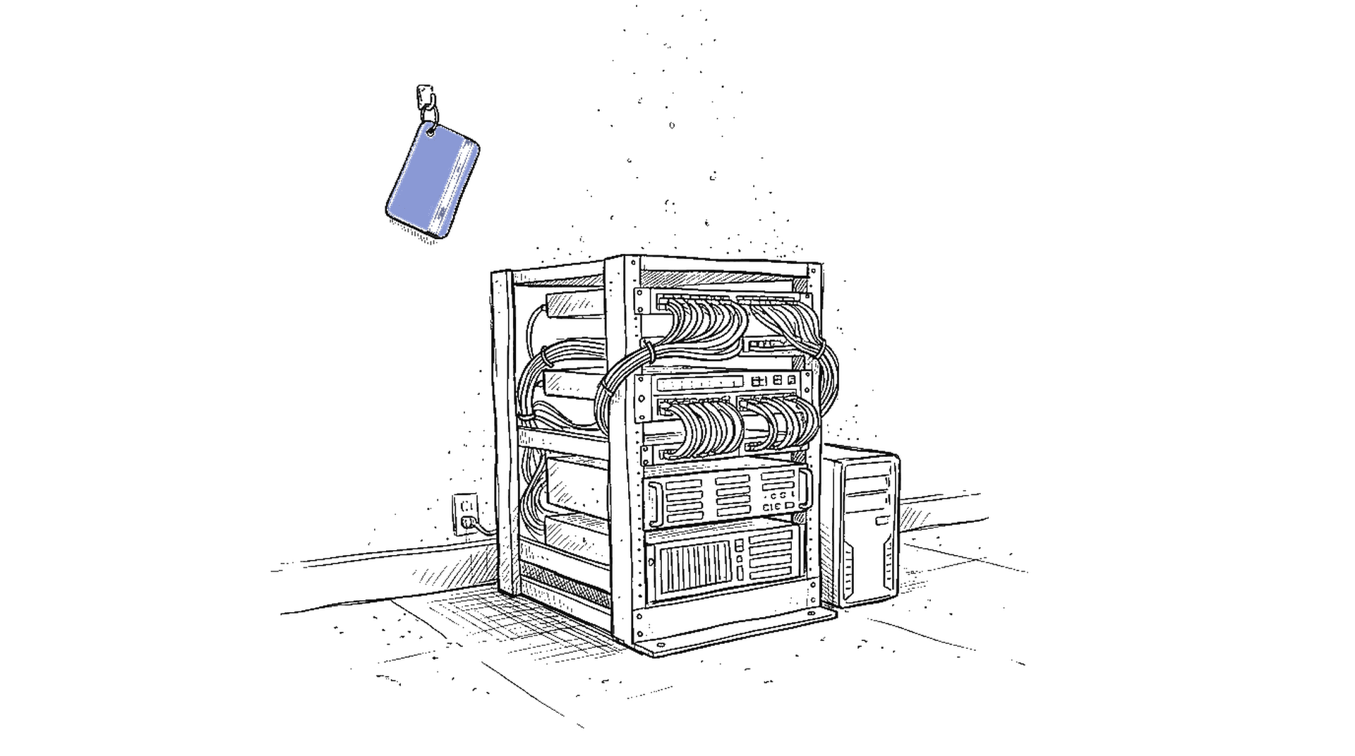 Serverrack mit Netzwerkkabeln und haengender Keycard – kinewsletter.ch Illustration