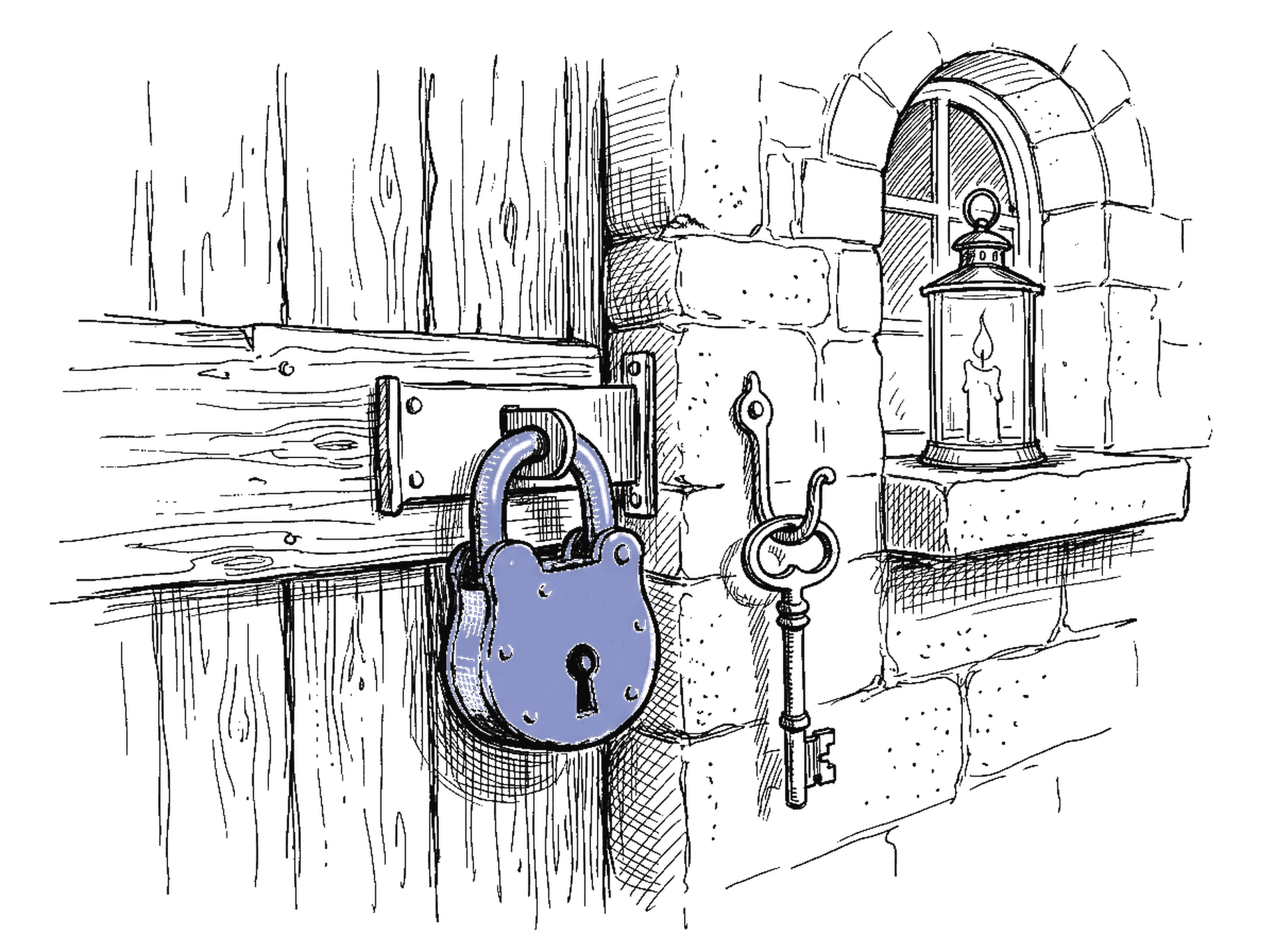 Vorhängeschloss mit Schlüssel an Steinwand mit Bogenfenster – kinewsletter.ch Illustration