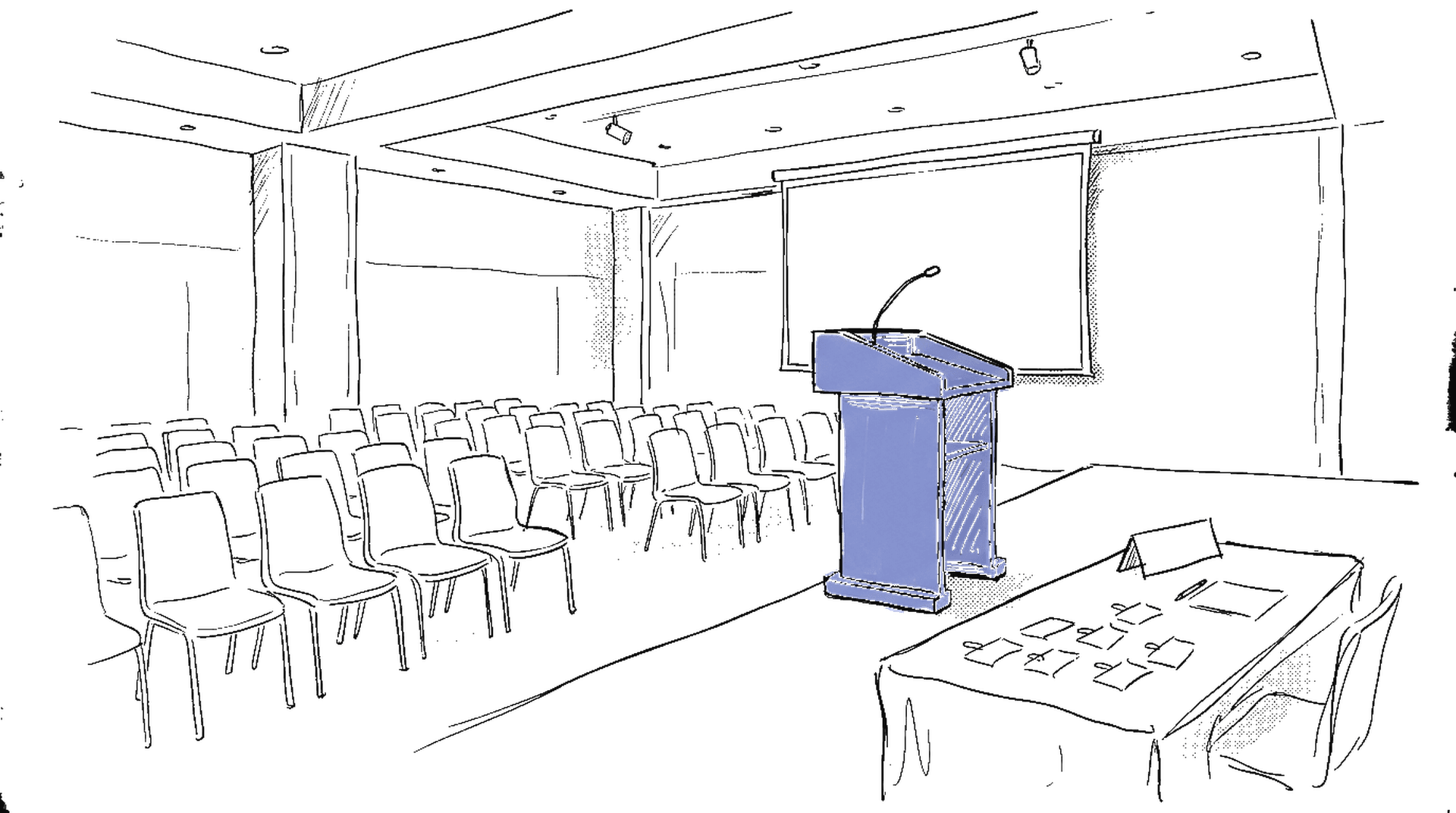 Illustration eines Konferenzsaals mit Podium und Stuhlreihen, kinewsletter.ch Stil
