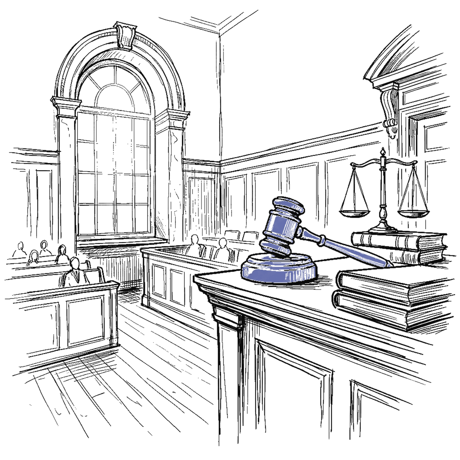 Illustration Gerichtssaal mit Richterhammer und Waage, kinewsletter.ch Stil