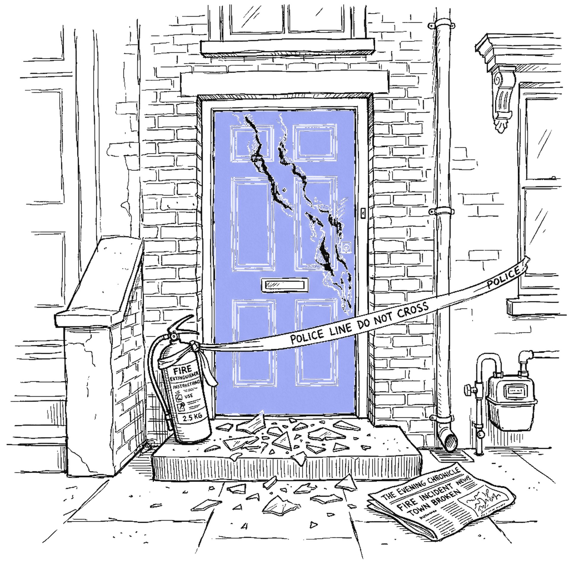 Illustration Haustür mit Brandspuren und Polizeiabsperrung, kinewsletter.ch Stil