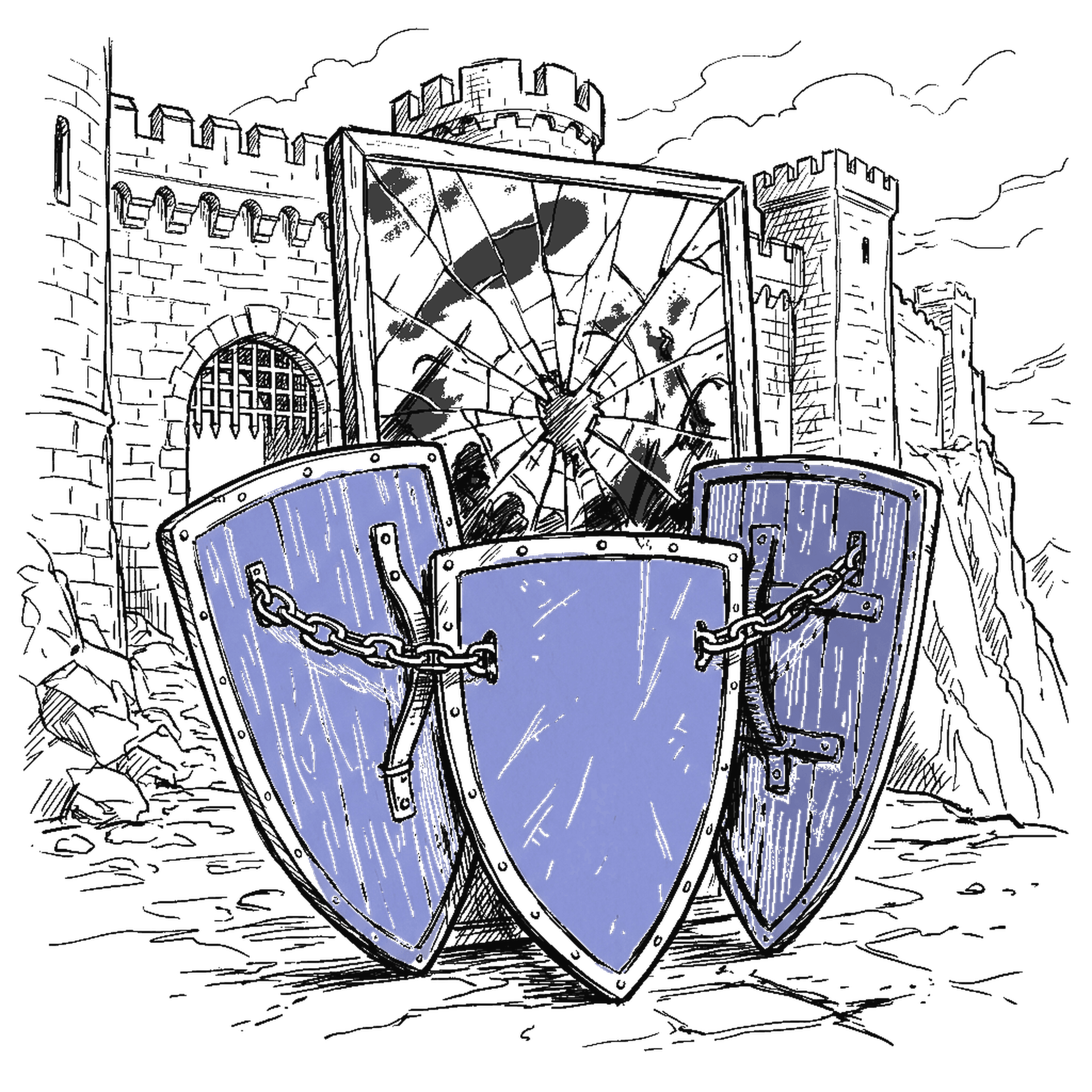 Illustration drei Schilde in Verteidigungsformation, kinewsletter.ch Stil