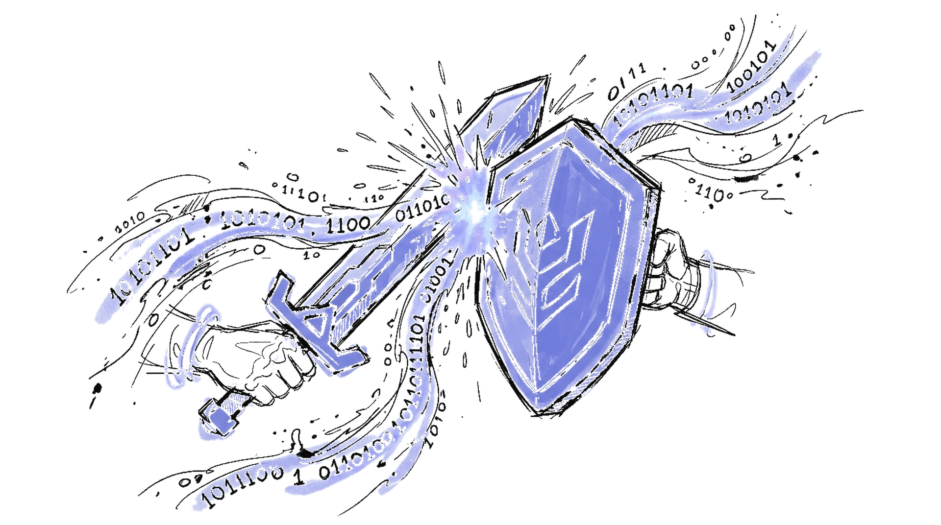 Illustration Schild und Schwert mit Binärcode, kinewsletter.ch Stil