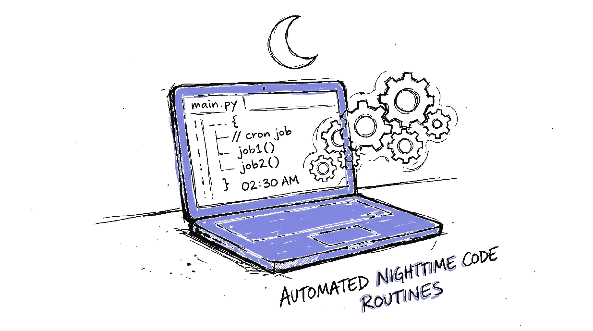 Illustration Laptop mit Zahnrädern und Mond, kinewsletter.ch Stil
