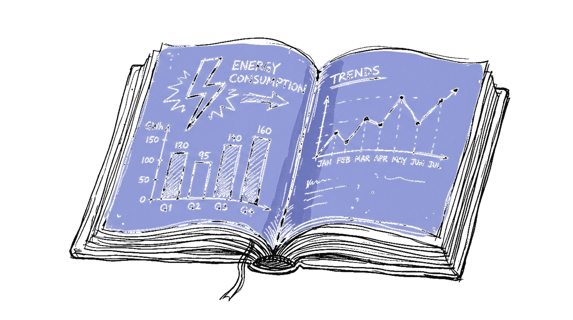 Illustration Report-Buch mit Charts und Blitz, kinewsletter.ch Stil