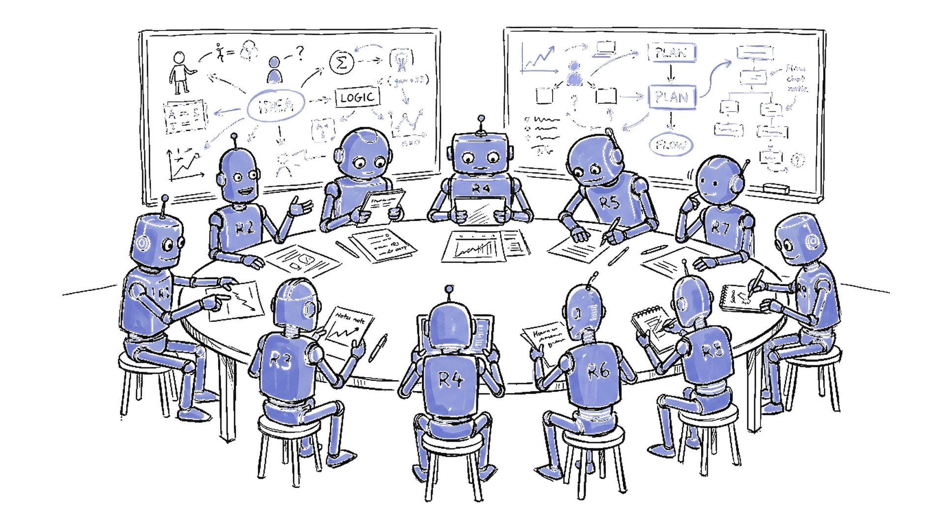 Illustration Roboter-Forscher am Tisch, kinewsletter.ch Stil