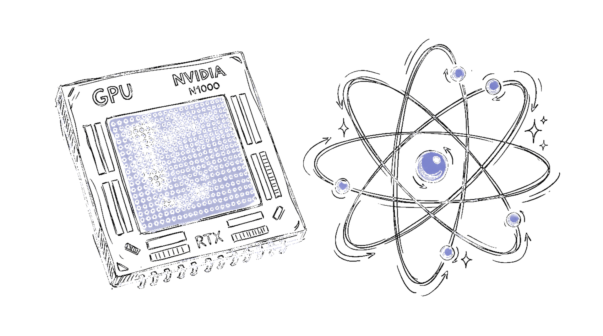 Illustration GPU-Chip mit Atomen, kinewsletter.ch Stil