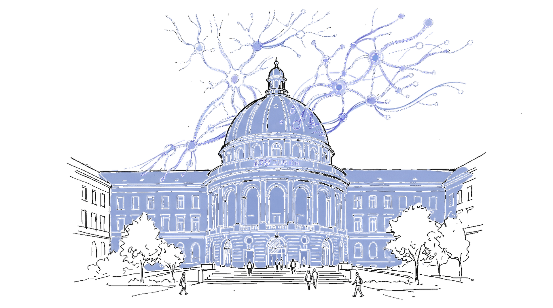 Illustration ETH Gebäude mit Netzwerk, kinewsletter.ch Stil