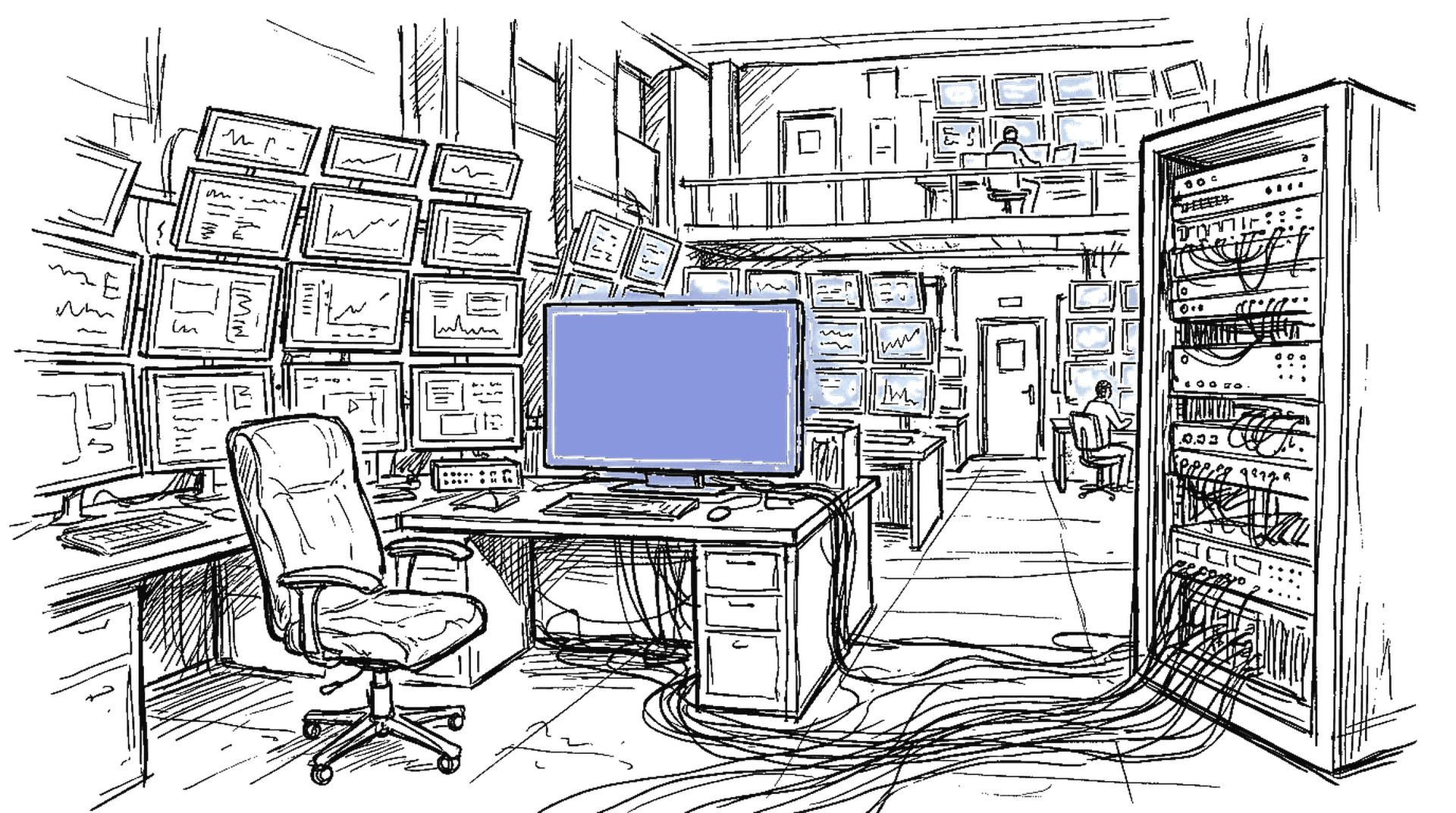 Illustration einer Schaltzentrale mit Monitoren und Servern, kinewsletter.ch Stil