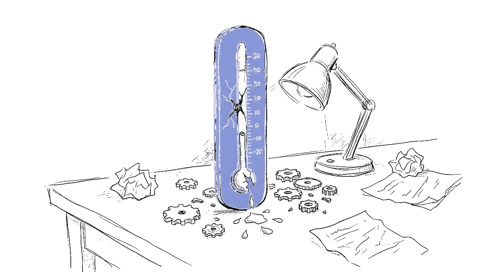 Illustration eines Thermometers mit fallendem Quecksilber und zerbrochenen Zahnrädern, kinewsletter.ch Stil