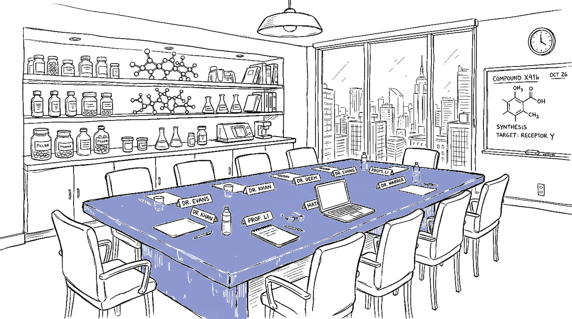 Illustration Konferenzraum mit Molekülmodellen, kinewsletter.ch Stil
