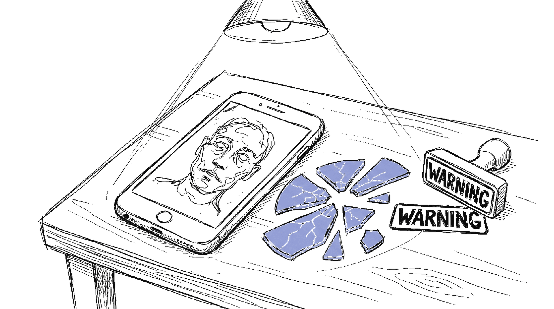 Illustration Smartphone mit verzerrtem Gesicht und Warning-Stempel, kinewsletter.ch Stil