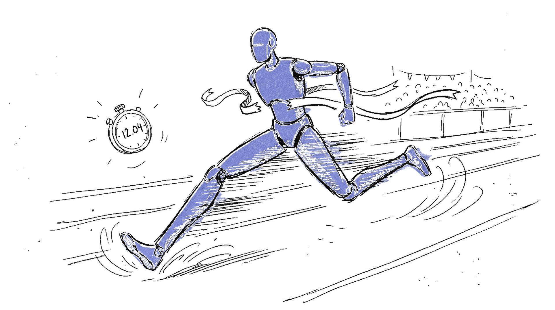 Handgezeichnete Tuscheskizze eines sprintenden Humanoid-Roboters auf einer Laufbahn mit Stoppuhr und Zielband