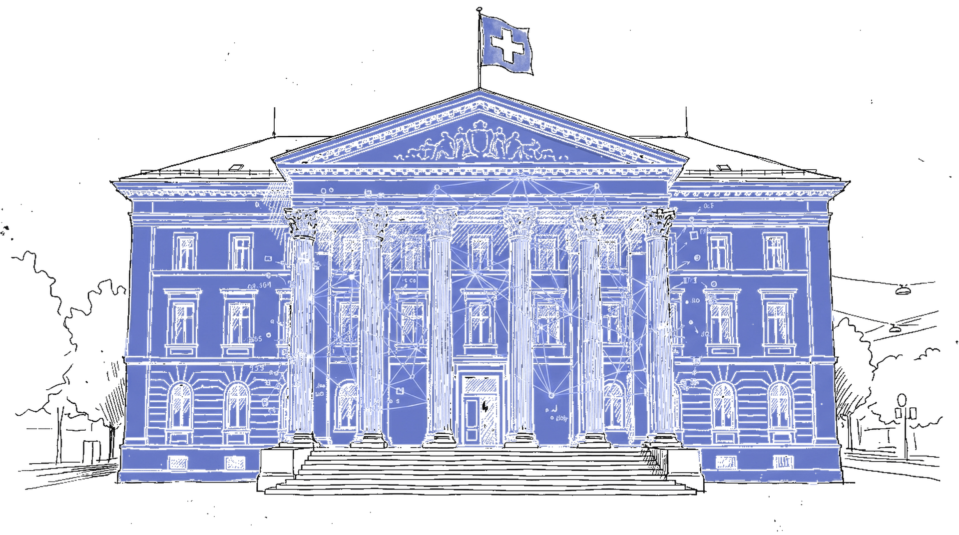 Handgezeichnete Tuscheskizze eines Schweizer Regierungsgebäudes mit digitalem Netzwerk-Overlay