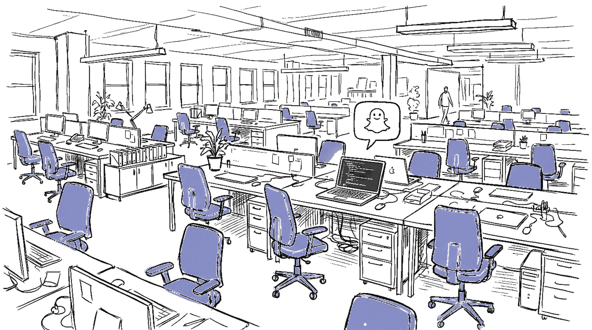 Handgezeichnete Tuscheskizze eines halb leeren Grossraumbüros mit Snapchat-Ghost und leuchtendem Laptop