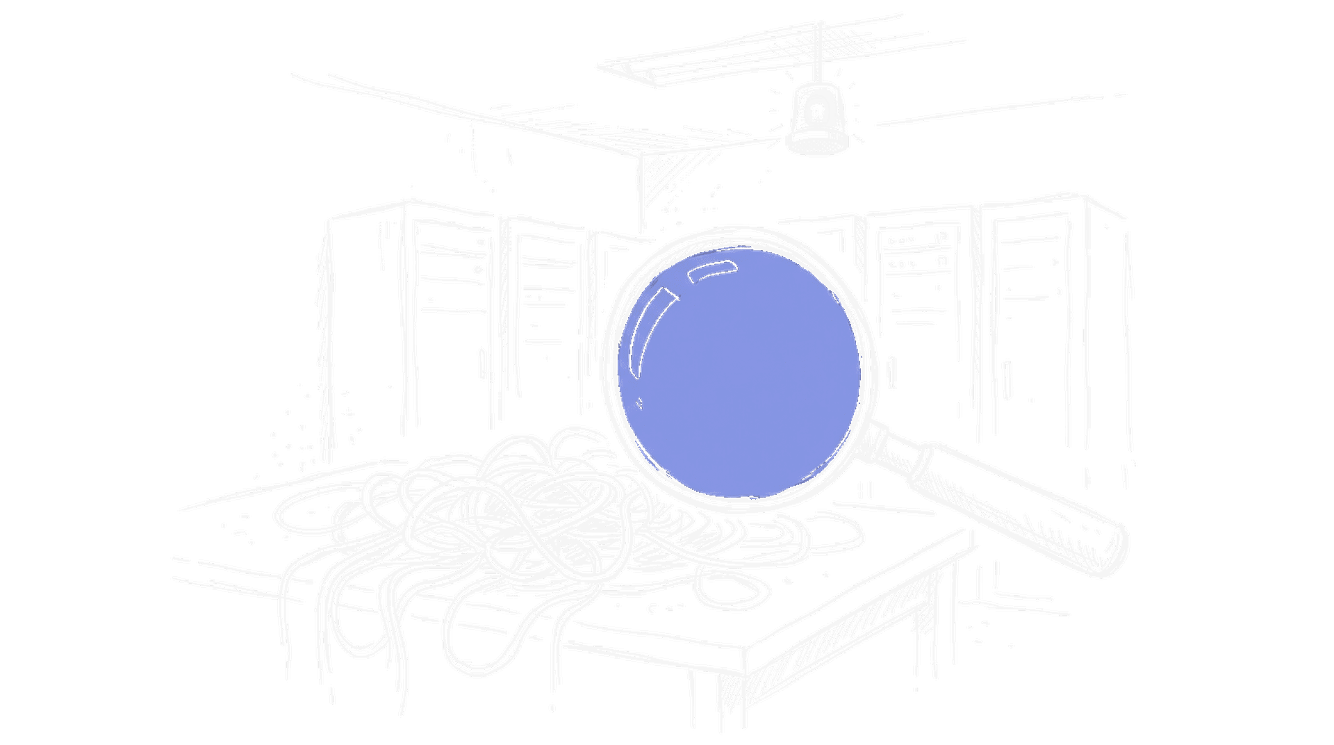 Illustration einer Lupe über verheddertem Kabelhaufen in einem Serverraum mit Warnlicht (Dark Mode), kinewsletter.ch Stil
