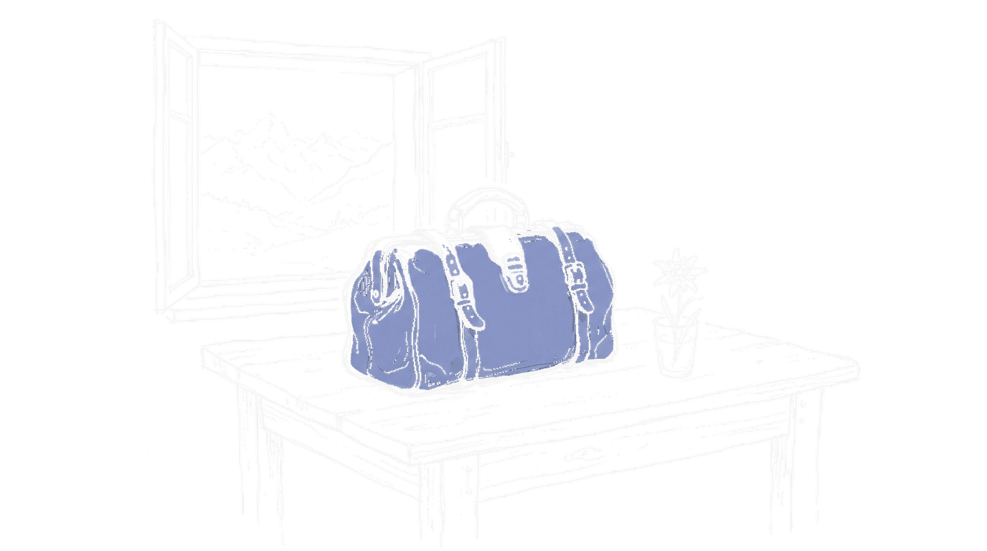 Illustration einer Arzttasche auf einem Schweizer Holztisch mit Bergpanorama (Dark Mode), kinewsletter.ch Stil
