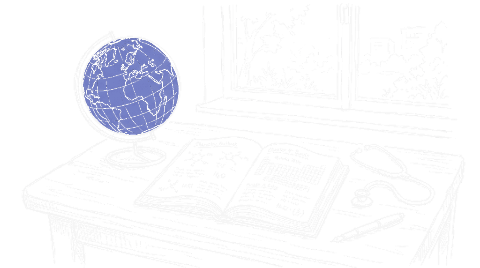 Globus auf Pult mit Lehrbuch, Stethoskop und Füller – kinewsletter.ch Stil (dark)