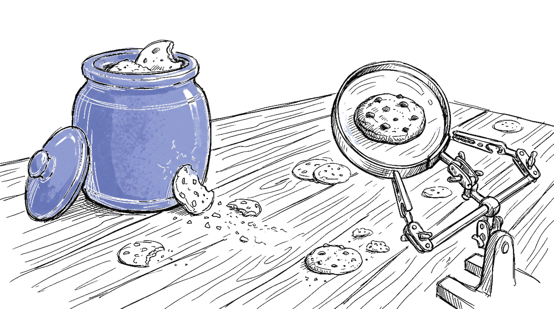 Illustration: Keksdose mit Krümeln und Lupe, kinewsletter.ch Stil